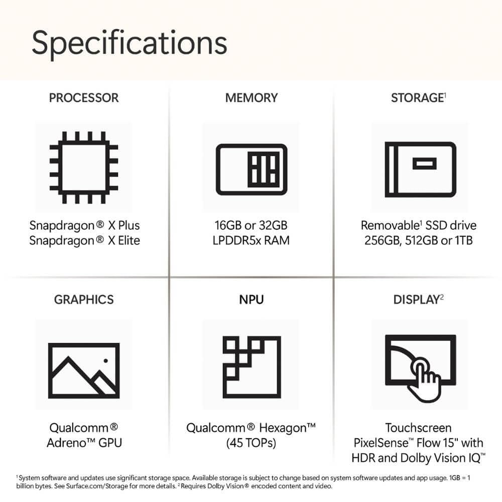 Microsoft Surface Laptop (2024), Windows 11 Copilot+ PC, 15" Touchscreen Display, Snapdragon X Elite (12 core), 16GB RAM, 256GB SSD Storage, Platinum