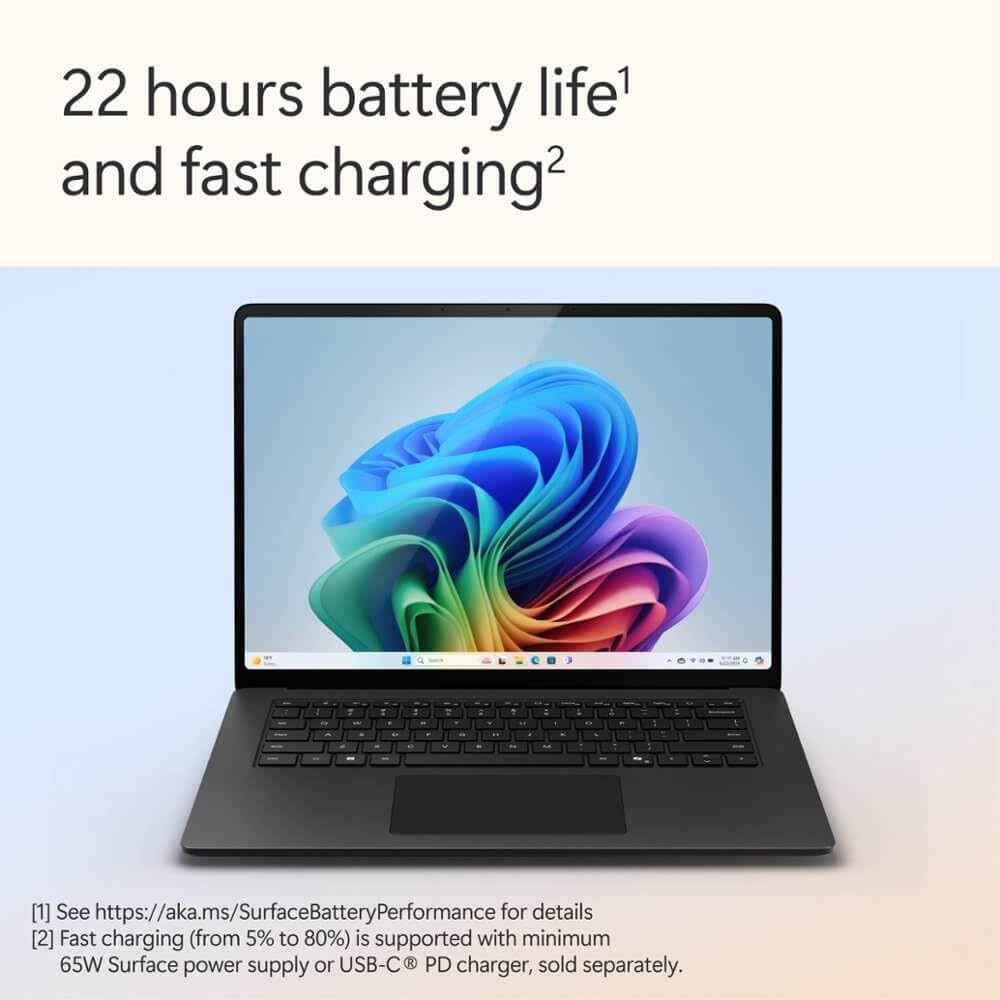 Microsoft Surface Laptop (2024), Windows 11 Copilot+ PC, 15" Touchscreen Display, Snapdragon X Elite (12 core), 16GB RAM, 256GB SSD Storage, Platinum