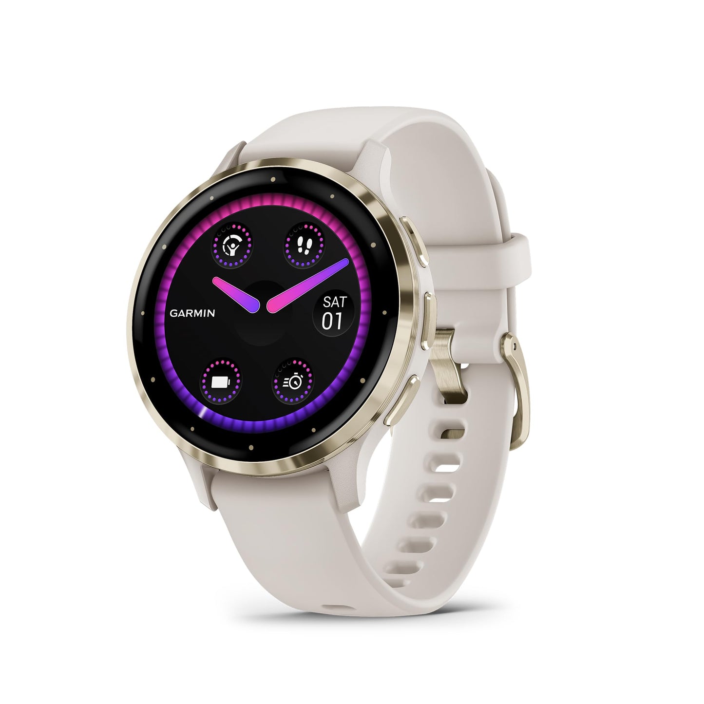 Garmin Venu 3S Soft Gold Stainless Steel Bezel 1.2-Inch AMOLED Touchscreen Display Smart Watch with 41mm French Gray Case and Silicone Band